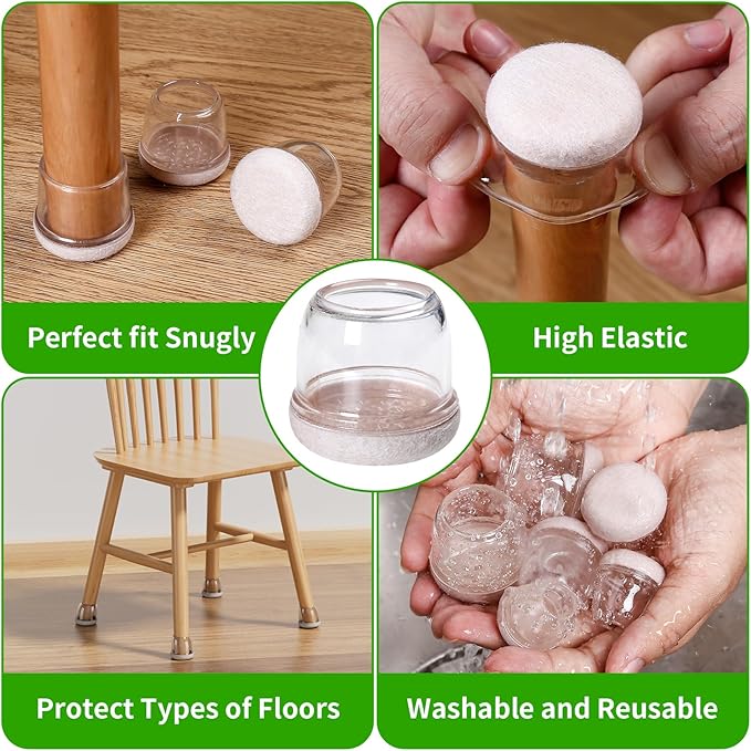 24 Pcs Chair Leg Protectors for Hardwood Floors, Silicone Felt Furniture Leg Cover Pad for Protecting Floors from Scratches and Noise, Smooth Moving for Chair Feet, Round(Clear, Fit:1.1"-1.4")