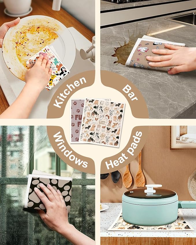 Kitchen Swedish Dishcloths with Hooks - 6 Pack Reusable Dish Cloths for Washing Dishes Fast Drying Cute Fun Swedish Dish Towels Washable Cleaning Sponge, Furry Dog
