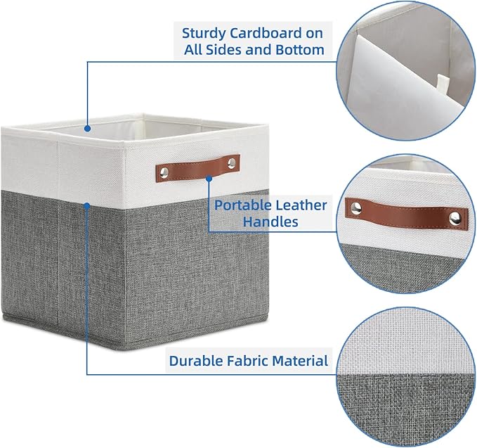 Temary Cube Storage Bins 4 Pack Storage Cubes 11ﾗ11 Fabric Storage Bins Foldable Cube Storage Baskets with Handles, Collapsible Storage Basket for Shelf (White & Grey, 11 x 11 x 11)