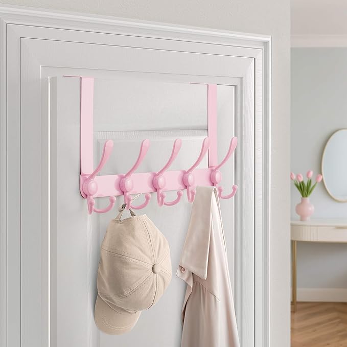Dseap Over Door Hook 2.0 - Upgraded Version - Simple-Assembly, Strong, Heavy-Duty Stainless Steel 5-Tri-Hook Over The Door Hanger Rack, SimpleStrong Series, Pink