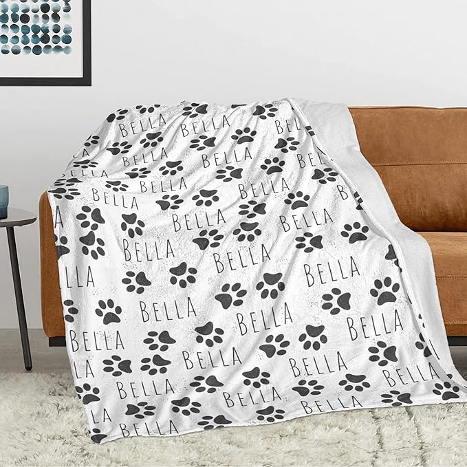 Personalized Dog Blanket, Custom Paw Print Dog Blanket with Pets Name, Stuff for Pets, Customized Puppy Blanket with Name, Pets Bereavement/Passing Away Gifts