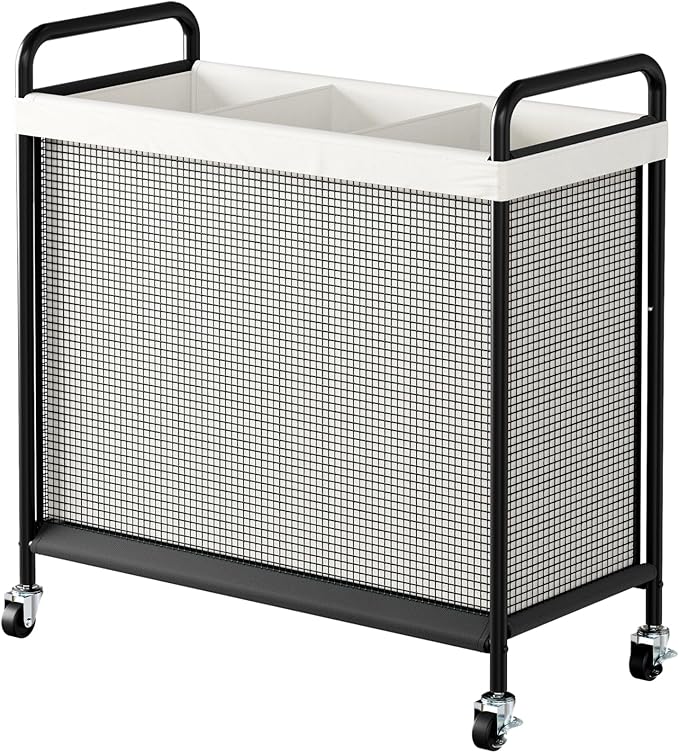WOWLIVE Laundry Hamper 3 Section, 120L Rolling Laundry Basket with wheels and Removable Liner Bag, Laundry Sorter with Metal Handle, Large Clothes Hamper for Laundry Room, Bathroom and Dorm, Beige