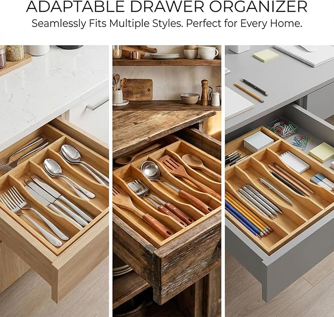 Krismax Bamboo Silverware Drawer Organizer，5 slots Wood Storage Containers, Junk Drawer Divider Organzers, Untensils Cutlery Tray, Kitchen Flatware