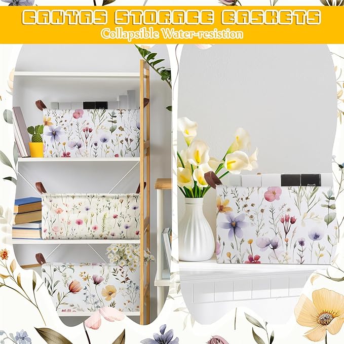 Boao 3 Pcs Wildflowers Storage Bin Wildflowers Collapsible Large Storage Baskets for Gifts Canvas Laundry Basket Foldable Box with Handle for Office Home Bedroom Clothes