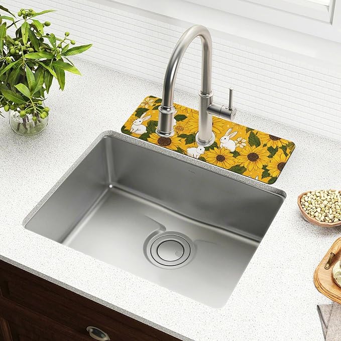 Autumn Sunflower and Cute Rabbit Kitchen Sink Splash Guard Sink Faucet Mat Faucet Handle Drip Catcher Drain Mats for Kitchen Bathroom Countertop Absorbent Dish Drying Pad 2Pack 30x5.4IN