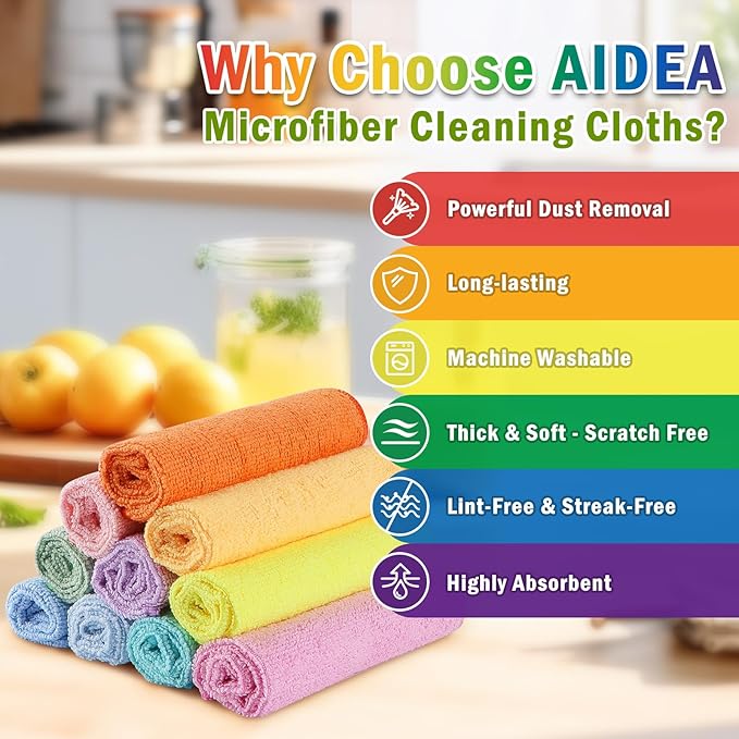 AIDEA Microfiber Cleaning Cloth, 10PK, Colorful Lint-Free Vibrant Cleaning Rags, Microfiber Towels for Cars, Kitchen Cloth, Dusting Cloth for Home, Window, Cleaning Supplies, 11.5"×11.5"