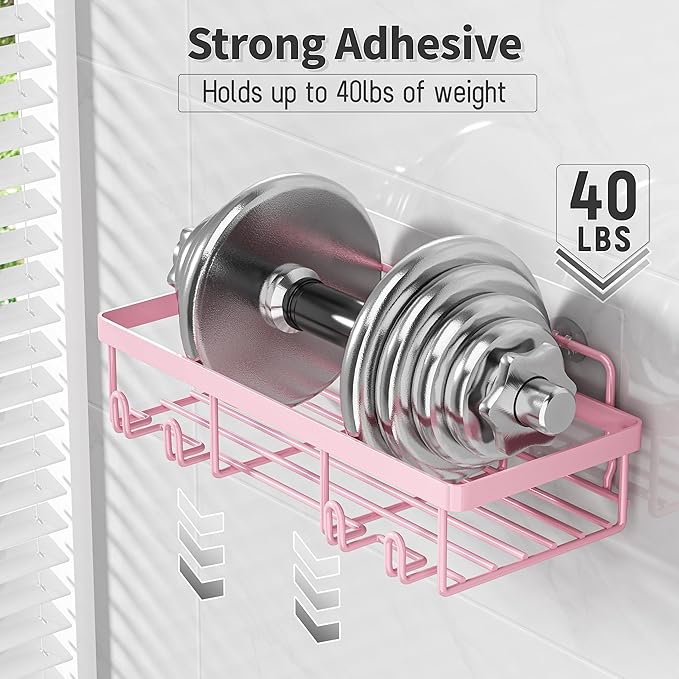 10 Pack Shower Caddy Organizer Rack Shelf for Inside Shower, Self Adhesive Wall Storage Basket Rustproof Stainless Steel Shampoo Holder Bathroom Accessory Decor Set, Pink