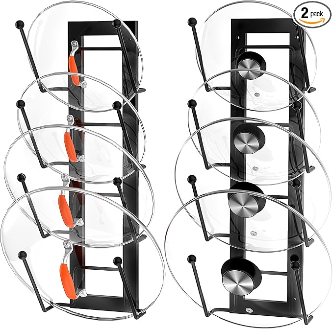 8 Layers of Adjustable Pot Lid Organizer Rack for Cabinet Door/Wall，2Pack Lid Organizer Pots and Pans Holder for Kitchen Storage with No Drilling Adhesive 5.7 W“(Black)