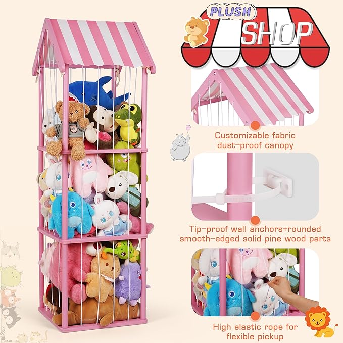 Stuffed Animal Storage, Space Saving Vertical Stuffed Animal Holder Wood, Easy Assembly Cottage-Style Plush Toys Organizer for Kids Bedroom & Playroom (Pink, Large)
