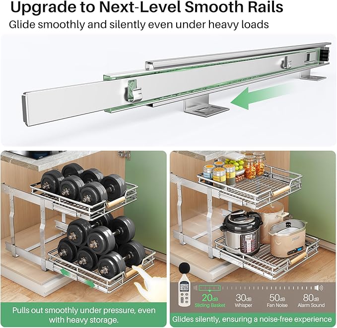 Pull out Cabinet Organizer, 2 Tiers 17"W X 21"D, Heavy Duty Smooth Sliding Under Cabinet Shelves for Pots and Pans, Full-Extension Roll out Drawers, Slide out Organization for Home Kitchen Pantry