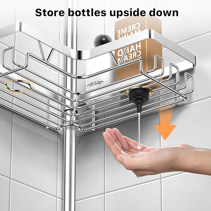 KEGII Shower Caddy Tension Pole with 2 Towel Bars, Adjustable Corner Bathroom Organizer, Rustproof Bathtub Storage Shelves for Shampoo, 25–114.2 Inch Shower Corner Rack for Renters & Family, Silver