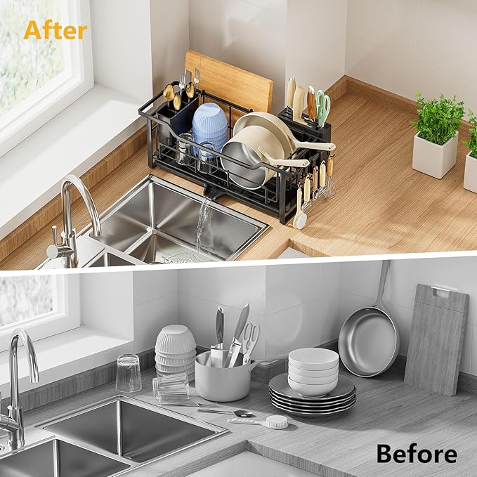 Narrow Dish Drying Rack for Kitchen Counter Auto Drain Iron Dish Drainer with Removable Cutlery Basket, Black