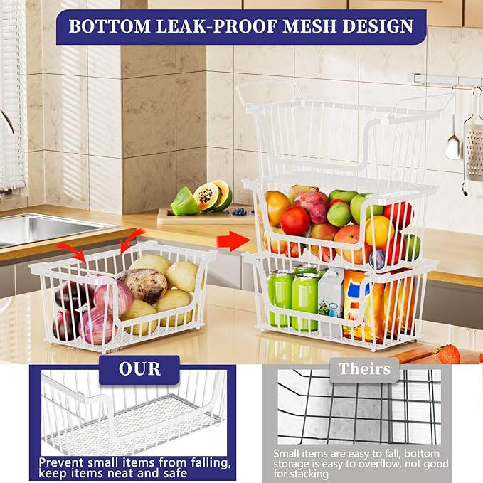 4 Pack Enhanced Leak-Proof Bottom Stackable Wire Baskets, Pantry Organizers and Storage, Pantry Storage，Shelf Baskets, Fruit Basket, Potato and Onion Storage Bins，(White)