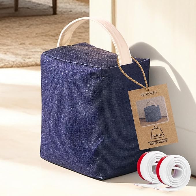 Decorative Weighted Door Stopper 5.5 lb – Heavy Non-Slip Door Weight with Handle, Soft Fabric Door Stop for Kids, Pets, Includes 2 Door Draft Stoppers for Indoor Home & Office, Navy Blue