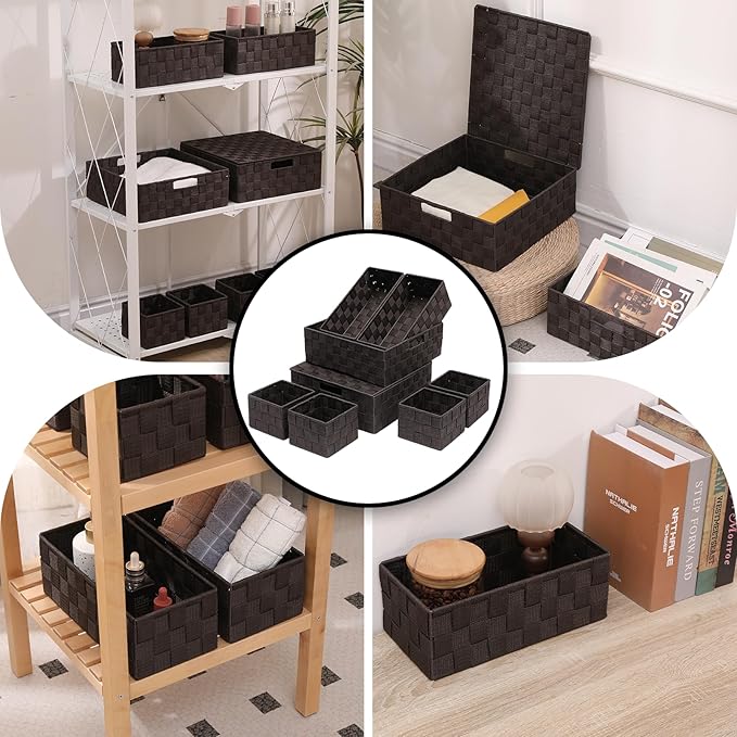 Storage Bins Woven Organizer with Lids Set of 8 – Polypropylene Storage Baskets with Metal Frame, Stackable Fabric Boxes for Drawers, Closet, Shelf, Nursery and Office, Brown