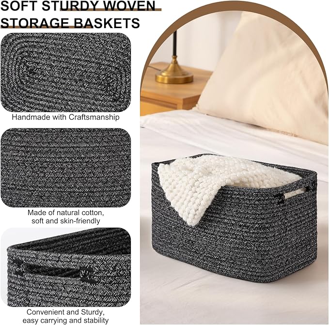 Storage Baskets for Organizing, Woven Decorative Baskets for Shelves - Books, Towels, and Clothes, Cotton Rope Toy Storage Bins, 12.7''Lx9''Wx7.8''H, Pack of 4, Black and White