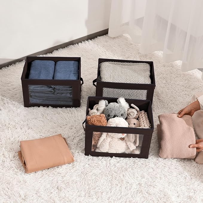 Stackable Storage Bins with Lids - Medium Storage Box with Lids, Foldable Closet Boxes for Organizing, Wardrobe Clothes Organizer with Window, Cubes Bins for Living Room, 5 Pack, Brown
