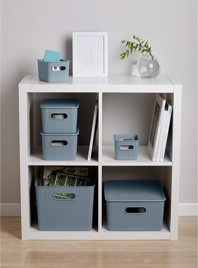 Superio Ribbed Collection - Decorative Plastic Basket Open Home Storage Bins Organizer, Blue Container Boxes for Organizing Closet Storage Bins for Shelves (Bin with Lid- Medium (5 Liter), 1 Pack)