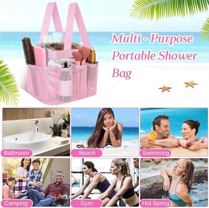 Hillban 4 Pcs Mesh Shower Caddy Portable Large Quick Dry Shower Caddy Basket with Deeper 8 Pockets and 2 Handles Hanging Bag for College Dorm Room(Pink)
