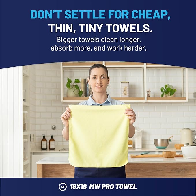 MW Pro Microfiber Cleaning Cloth | Yellow (12 Pack) | Size 16" x 16" | All Purpose Microfiber Towels - Clean, Dust, Polish, Scrub, Absorbent