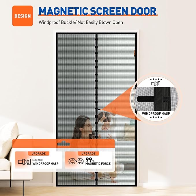 MAGZO Magnetic Screen Door Fit Door Size 32 x 82 Inch, Screen Size 34" x 83" Strong Magnet Door Mesh with Reinforced Hook & Loop for Patio Door, Front Door, Doorway, Black