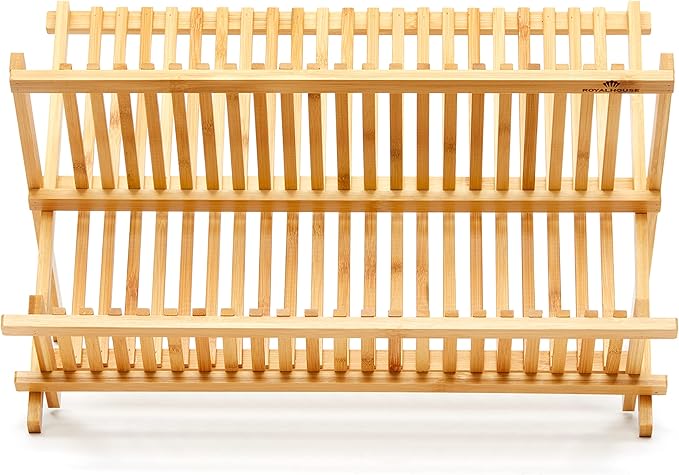 RoyalHouse Premium Natural Bamboo Dish Rack, Collapsible Dish Drainer, Foldable and Compact Dish Drying Rack for Kitchen Counter