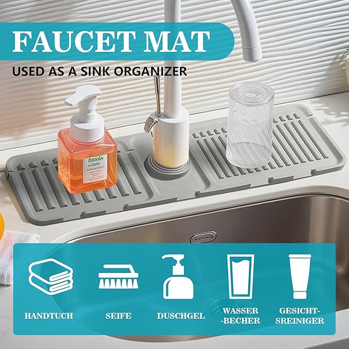 Faucet Mat for Kitchen Sink, Silicone Faucet Handle Drip Catcher Tray Mat, Silicone Kitchen Sink Splash Guard, Ideal Protective Tray for Stone Sinks in Kitchen & Bathroom