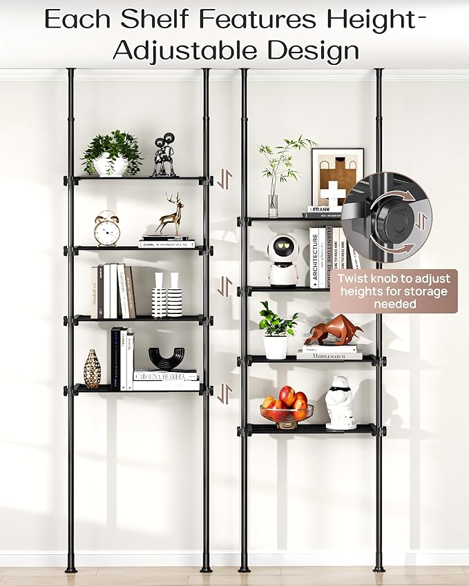 ALLZONE Over The Toilet Storage Cabinet, 4-Tier Adjustable Bathroom Shelves, 22-34 Inch Wide, Tension Mounted Organizer, Space-Saver Narrow Shelf, Fits 66-115 Inch Heights, Black