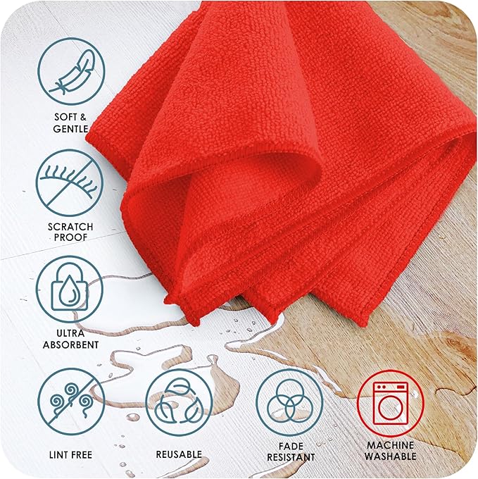 Hearth & Harbor Microfiber Cleaning Cloth, Reusable Microfiber Towels for Cars 12 Pack Washcloths, Red Cleaning Rags, Microfiber Cloth Rags for Cleaning, Lint Free Cloth 12”x12” V-HH-Cloth-M-12-Red