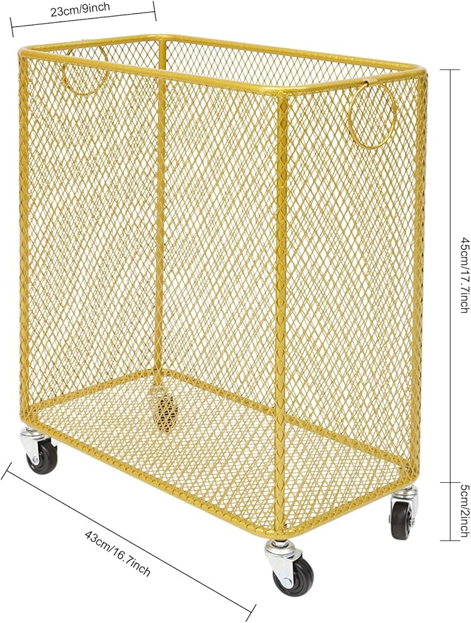 Gold Metal Laundry Basket with Wheels, Rolling Laundry Hamper Cart Gold Mesh Laundry Clothes Sorter Storage Cart Organizer Shelf Basket Durable for Laundry Room