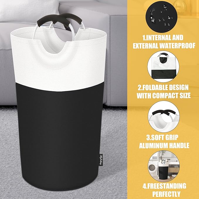 90L Laundry Basket, Collapsible Laundry Hamper with Padded Handles, Waterproof Laundry Bag, Tall Clothes Hamper Stand Up Well, Foldable Laundry Baskets for Easy Storage(Black)