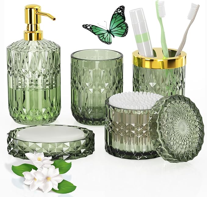 Green Glass Bathroom Accessories Set 5 Pcs, Green Bathroom Set, Soap Dispenser and Toothbrush Holder Set, Qtip Holder Set, Vintage Bathroom Sink Set, Cute Bathroom Decor