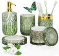 Green Glass Bathroom Accessories Set 5 Pcs, Green Bathroom Set, Soap Dispenser and Toothbrush Holder Set, Qtip Holder Set, Vintage Bathroom Sink Set, Cute Bathroom Decor
