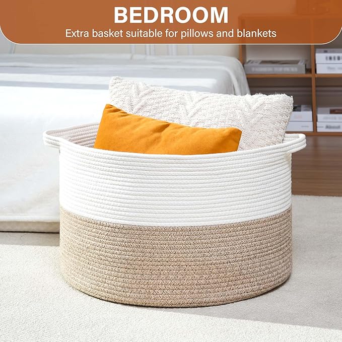Foldable Laundry Hamper Basket with Collapsible Handle Cotton Rope Soft Woven Fabric Storage Organizer Clothes Toys Nursery Bedroom Dorm Space Saving Bin (White & Brown, 80L(21.7"D x 13.8"H))