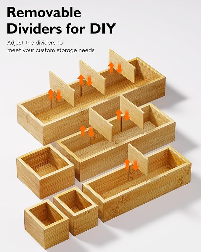 12-Piece Bamboo Desk Drawer Organizer Set – Adjustable Storage Boxes with 24 Compartments, Non-Slip, Modular Design for Office, Jewelry, Vanity, and Kitchen Utensil Drawer Storage