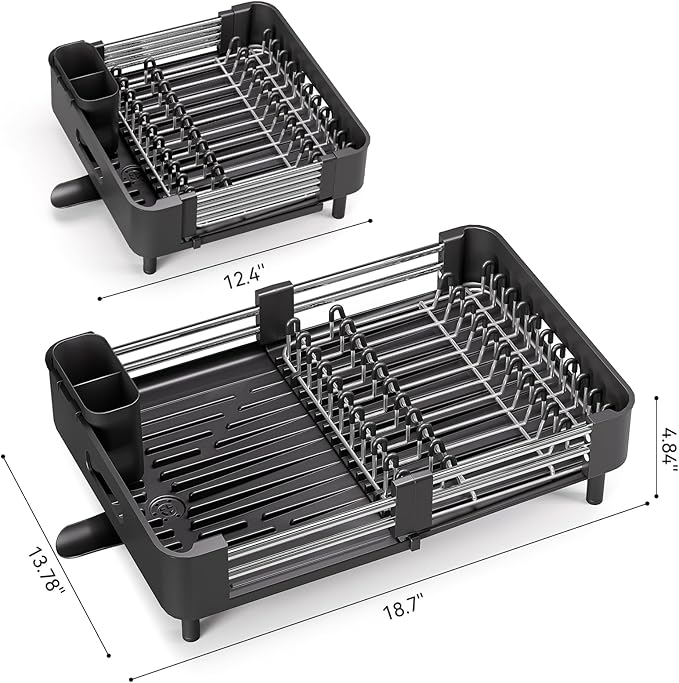 Stainless Steel Dish Drying Rack - Dish Drainer for Kitchen Counter, Extendable Drainboard with Foldable, Space-Saving Cup & Bowl Organizer, Includes Knife and Utensil Holder, Black