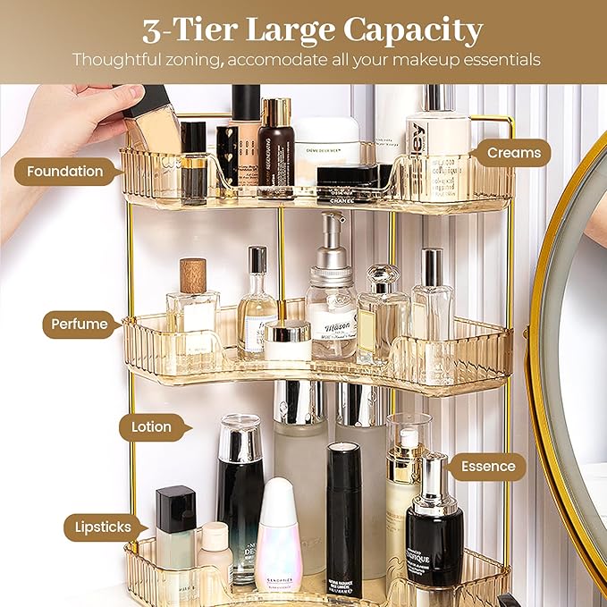 Aveniee Corner Bathroom Counter Organizer, Bathroom Countertop Shelf Makeup Organizer for Vanity Perfume Tray for Corner Storage (3 Tiers, Gold)