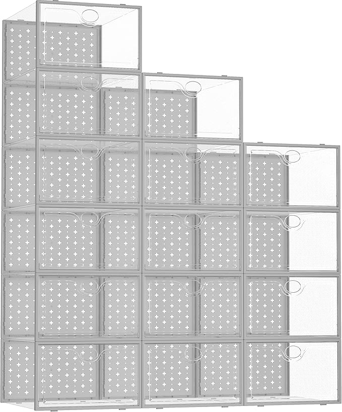 Pinkpum 15 Pack X-Large Shoe Storage Boxes Fit Size 11, Shoe Organizer for Closet Clear Plastic Stackable Shoe Dispaly Case Bins Holder, Sneaker Storage for Sneakerheads Grey