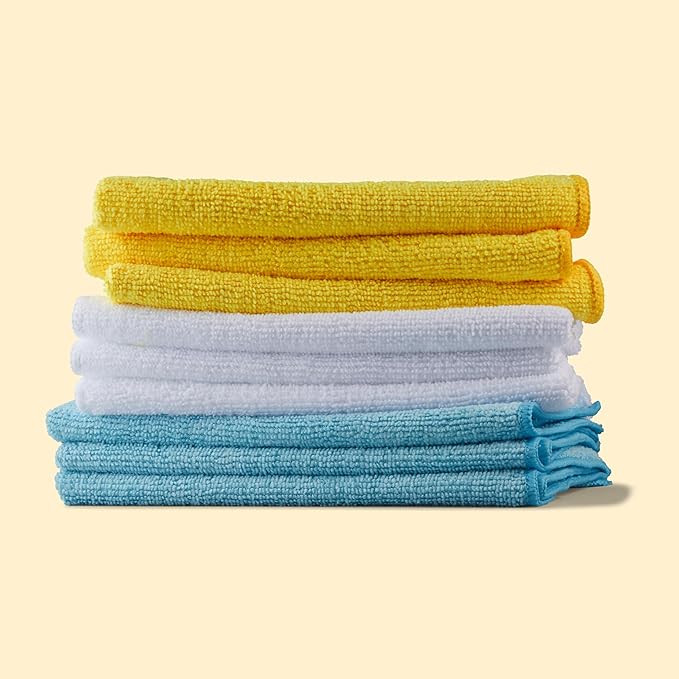 Amazon Basics Microfiber Cleaning Cloths,Ultra Absorbent,Scratch-Free,Highly Absorbent,Non-Abrasive,Reusable and Washable,16" x 12",Blue/White/Yellow,(Pack of 288)