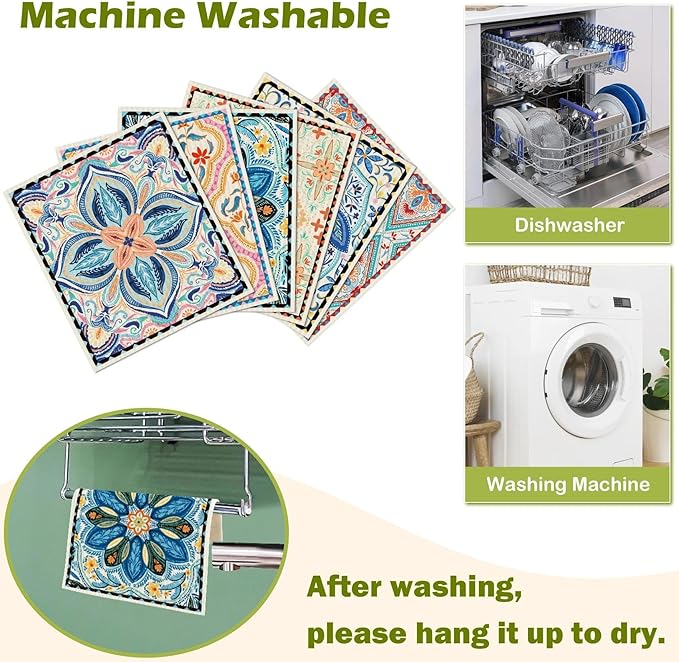 6 Packs Swedish Paper Cloths for Kitchen, Reusable Paper Towels Washable Dish Rags, Highly Absorbent Kitchen Towels Quick Drying Swedish Sponge Cleaning Dish Cloths (Floral Ornamentation)
