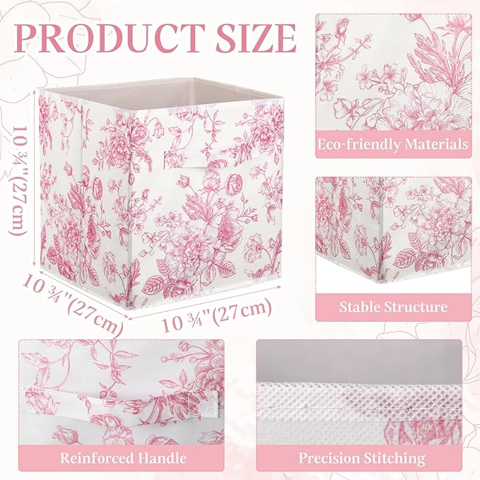 Geelin 6 Pcs Pink Floral Cube Storage Bins 11 Inch Pink Flower Storage Basket with Handle, Preppy Girls Organizer Basket, Collapsible Fabric Box for Classroom Bedrooms Office Home Decoration Gift