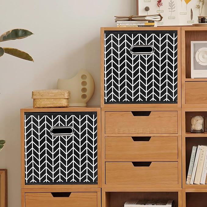 Fabric storage bins Cubes, Fabric Cube Organizer with Handle, Foldable Cube Bins for Cloth or Accessary Storage, 11x11x11, Set of 6, (Black Leaf)