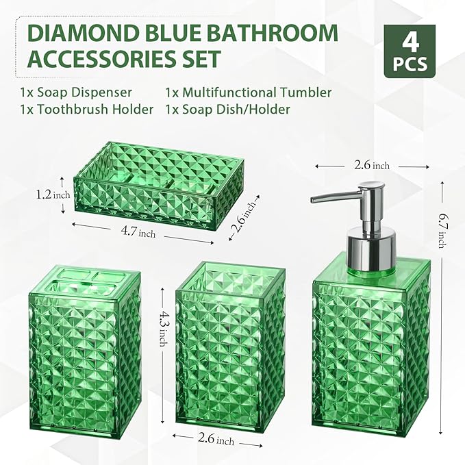 Green Bathroom Accessories Set, 4 Pack Green Bath Accessory Sets Complete, Acrylic Soap Dispenser and Toothbrush Holder Set for Bathroom Counter Sink, Modern Bathroom Decor