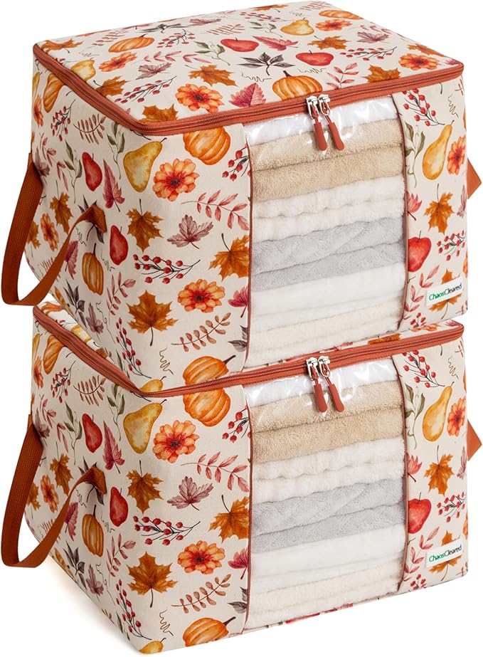 Chaos Cleared Canvas Storage Bags Designer Organizer 2 Pack – Seasonal Storage for Sweaters, Blankets, Linens & Garments – Foldable Design with Zip & Window, Moth-Proof Space Saver, Autumn Print
