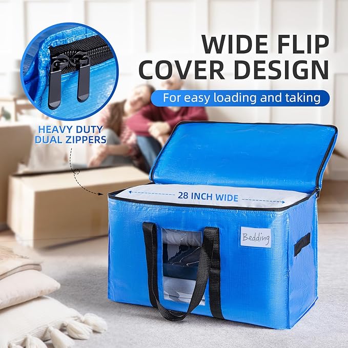 TAILI Extra Large Moving Bags, 8 Pack Blue Heavy Duty Totes for Storage with Visible Window, Wrap Around Handles, Storage Bags for Space Saving, Alternative to Moving Boxes