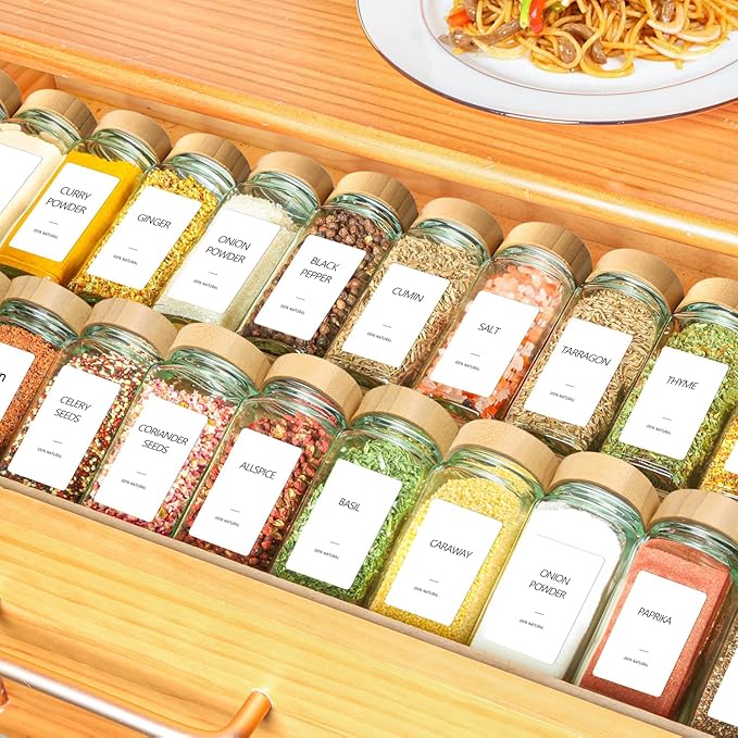 ComSaf Spice Jars with Label 4 oz 24Pcs, Glass Spice Jars with 6 Extra Shaker Inserts and 93 Labels, Seasoning Set with Bamboo Lids and Metal Funnel, Square Containers for Organization, Salt, Pepper