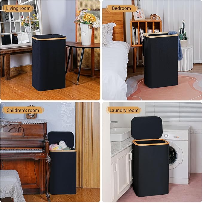 75L Slim Laundry Hamper, Narrow Laundry Basket with Lid,Foldable Clothes Hamper with Bamboo Handles,Hamper Basket with Removable Inner Bag for Laundry Room Bedroom College Dorm,19.8 Gals Black