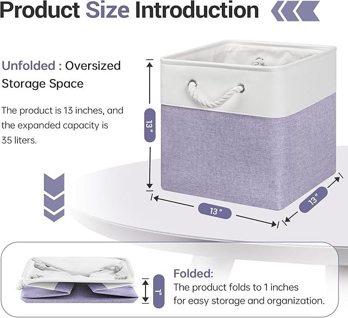 13x13 Inch Cube Storage Bins with Reinforced Bottom Cardboard, 6 Pack Large Foldable Fabric Storage Cubes with Handles for Shelf, Closet, Laundry Organization (White&Purple)