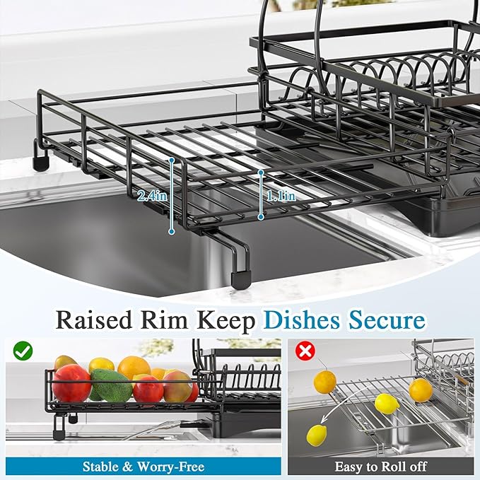 2 Tier Dish Drying Rack, Large Extendable Dish Racks for Kitchen Counter or Over Sink, Dishrack with Drainboard, 2-in-1 Anti-Rust Stainless Steel Dish Drainer with Utensil Holder & Cup Holder (Black)