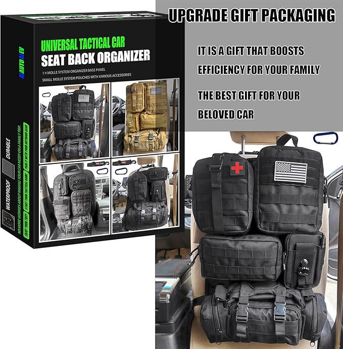 7 PACK Tactical Seat back organizer Truck organizer With 6 Detachable Pouches Universal For Car Truck Ford Jeep Military-Grade Heavier Panels With Multi-functional Packs (Black)